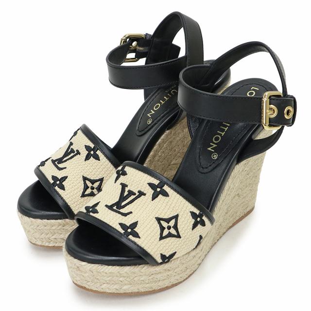 （未使用保管品）ルイ ヴィトン LOUIS VUITTON スターボード ライン モノグラム 刺繍 ウェッジソール サンダル 靴 #36.5 23.5cm カーフスキン レザー コットン ベージュ ナチュラル ブラック ゴールド金具 1ABT1N 箱付