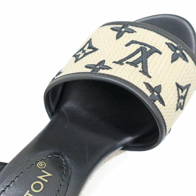 （未使用保管品）ルイ ヴィトン LOUIS VUITTON スターボード ライン モノグラム 刺繍 ウェッジソール サンダル 靴 #36.5 23.5cm カーフスキン レザー コットン ベージュ ナチュラル ブラック ゴールド金具 1ABT1N 箱付