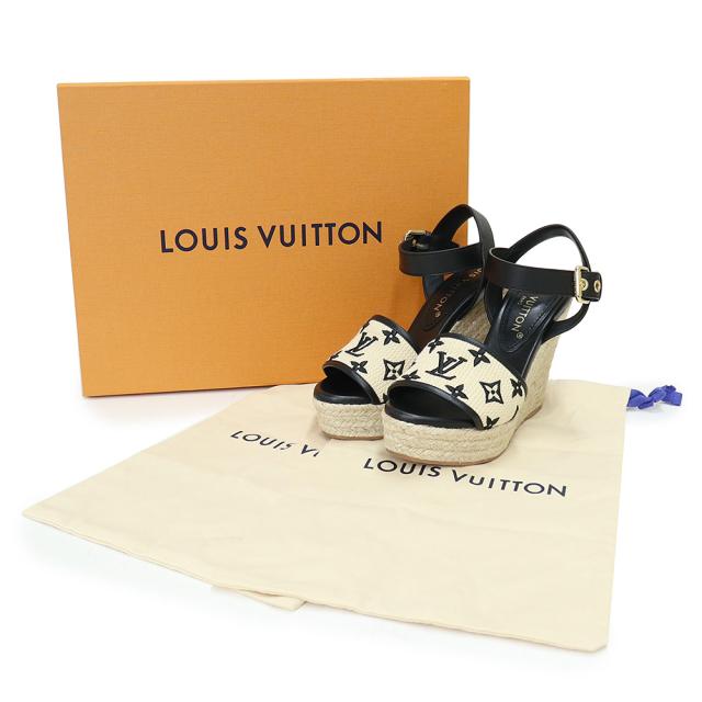 （未使用保管品）ルイ ヴィトン LOUIS VUITTON スターボード ライン モノグラム 刺繍 ウェッジソール サンダル 靴 #36.5 23.5cm カーフスキン レザー コットン ベージュ ナチュラル ブラック ゴールド金具 1ABT1N 箱付