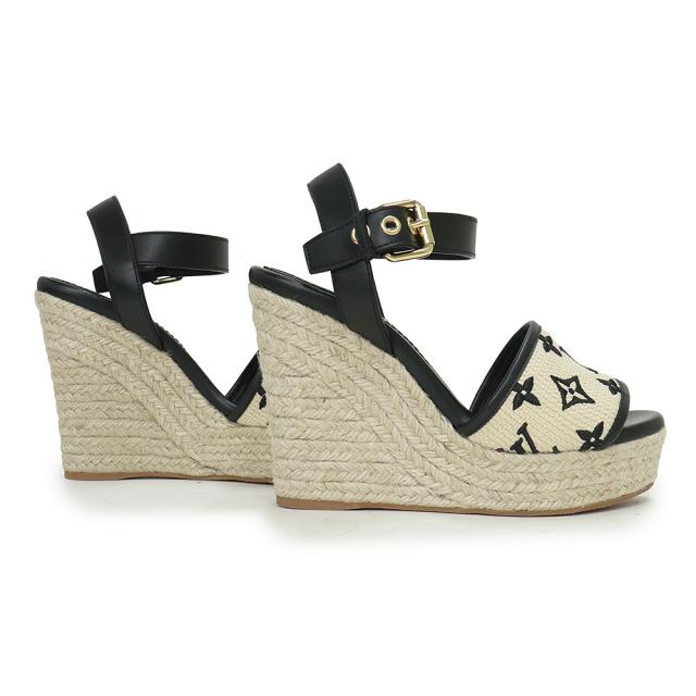 （未使用保管品）ルイ ヴィトン LOUIS VUITTON スターボード ライン モノグラム 刺繍 ウェッジソール サンダル 靴 #36.5 23.5cm カーフスキン レザー コットン ベージュ ナチュラル ブラック ゴールド金具 1ABT1N 箱付