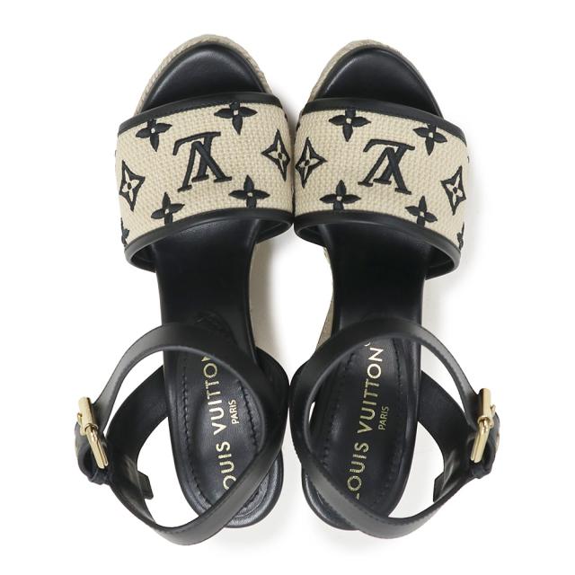 （未使用保管品）ルイ ヴィトン LOUIS VUITTON スターボード ライン モノグラム 刺繍 ウェッジソール サンダル 靴 #36.5 23.5cm カーフスキン レザー コットン ベージュ ナチュラル ブラック ゴールド金具 1ABT1N 箱付