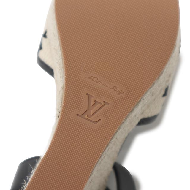（未使用保管品）ルイ ヴィトン LOUIS VUITTON スターボード ライン モノグラム 刺繍 ウェッジソール サンダル 靴 #36.5 23.5cm カーフスキン レザー コットン ベージュ ナチュラル ブラック ゴールド金具 1ABT1N 箱付