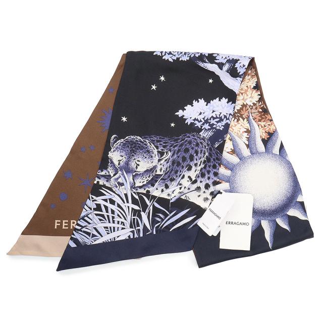 （新品・未使用品）サルヴァトーレフェラガモ Salvatore Ferragamo デイナイト バンドゥ リボン スカーフ シルク100％ ブルー ブラック ブラウン 320913 箱付