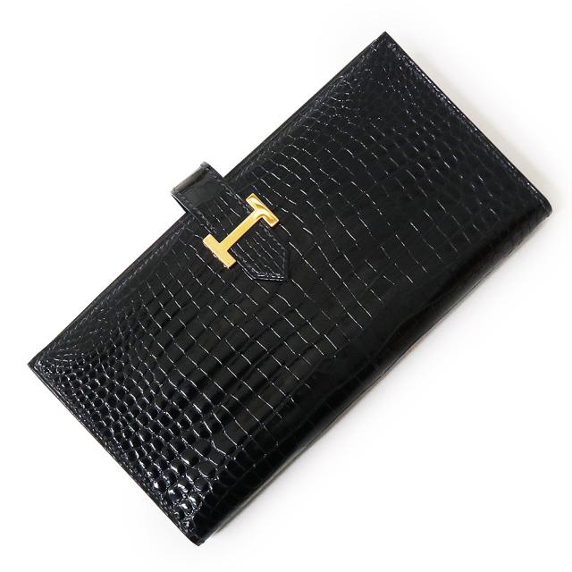 （中古）エルメス HERMES ベアン クラシック 二つ折り長財布 ポロサス エキゾチックレザー Blue Marine ブルーマリン ゴールド金具 □A刻印 箱付