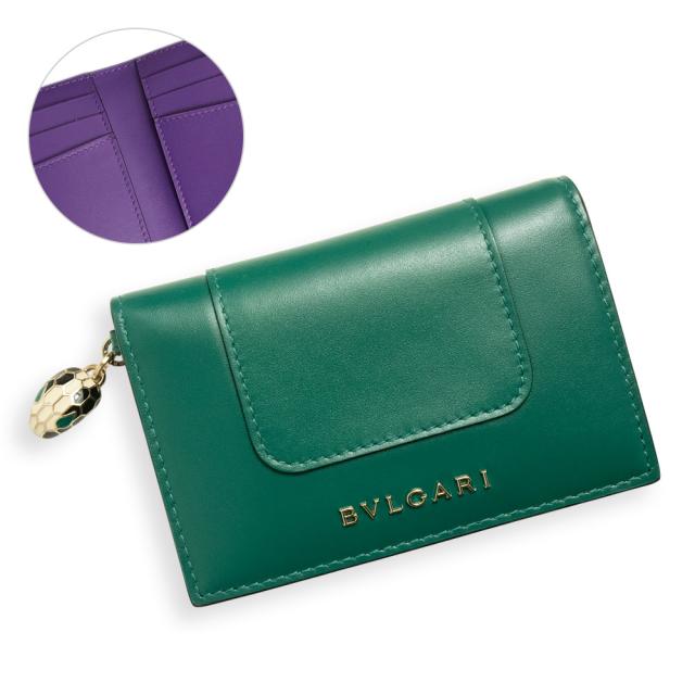 （未使用　展示品）ブルガリ BVLGARI セルペンティ カードホルダー カードケース 名刺入れ 定期入れ パスケース カーフスキン レザー バイカラー グリーン パープル ゴールド金具 280415