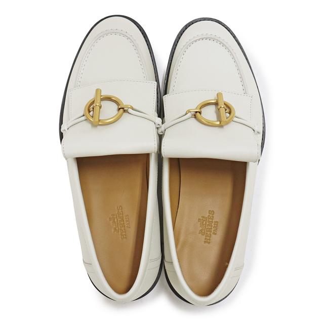 （未使用　展示品）エルメス HERMES モカシン インパクト ローファー シューズ 靴 #36.5 23.5cm カーフスキン レザー Blanc de Paris ブラン ドゥ パリ オフホワイト ゴールド金具