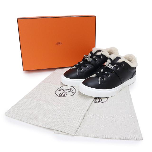 （未使用保管品）エルメス HERMES デイ ケリー バックル スニーカー シューズ 靴 #36 23cm 23.5cm カーフスキン レザー ムートン ブラック シルバー金具 箱付