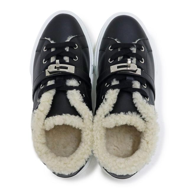 （未使用保管品）エルメス HERMES デイ ケリー バックル スニーカー シューズ 靴 #36 23cm 23.5cm カーフスキン レザー ムートン ブラック シルバー金具 箱付