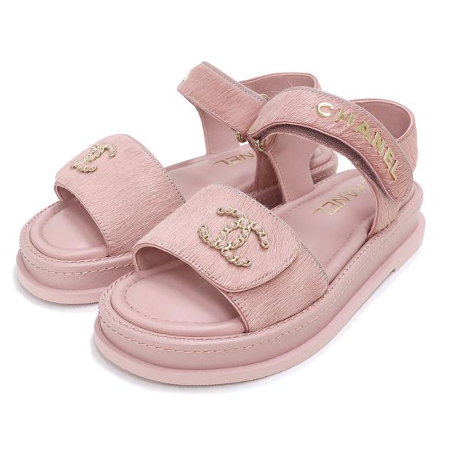 （新品・未使用品）シャネル CHANEL ココマーク ロゴ サンダル 靴 #36 23cm カーフスキン ハラコ レザー ライトピンク ゴールド金具 G46018 箱付
