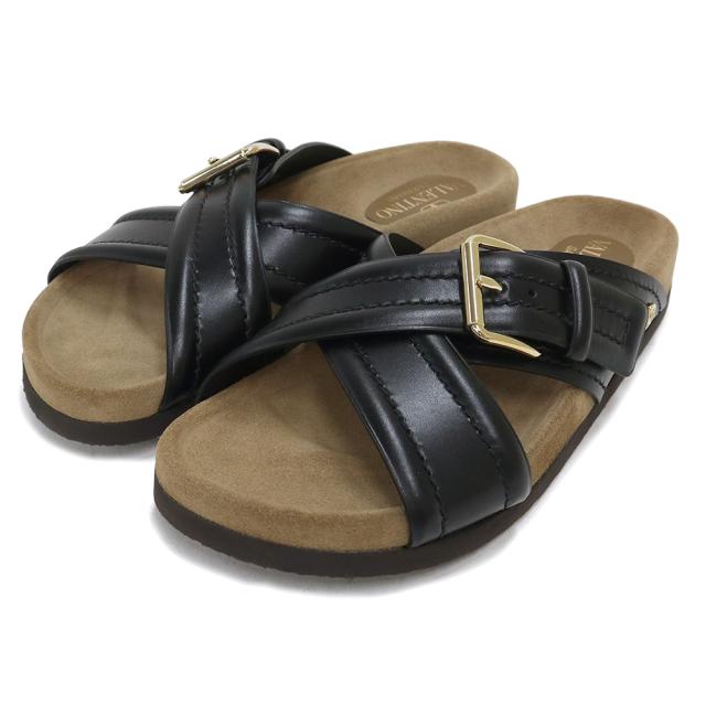 （未使用保管品）ヴァレンティノ ガラヴァーニ Valentino Garavani スライドサンダル 靴 #36 23cm カーフスキン レザー ブラック ゴールド金具 4W0S0IZ5