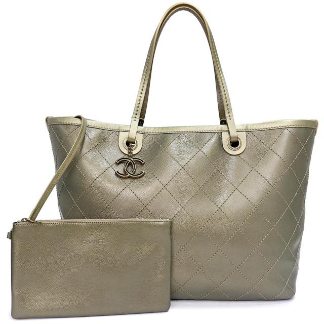 （中古）シャネル CHANEL オンザロード ワイルドステッチ マトラッセ トートバッグ キャビアスキン レザー メタリックカーキ ゴールド金具 A92327