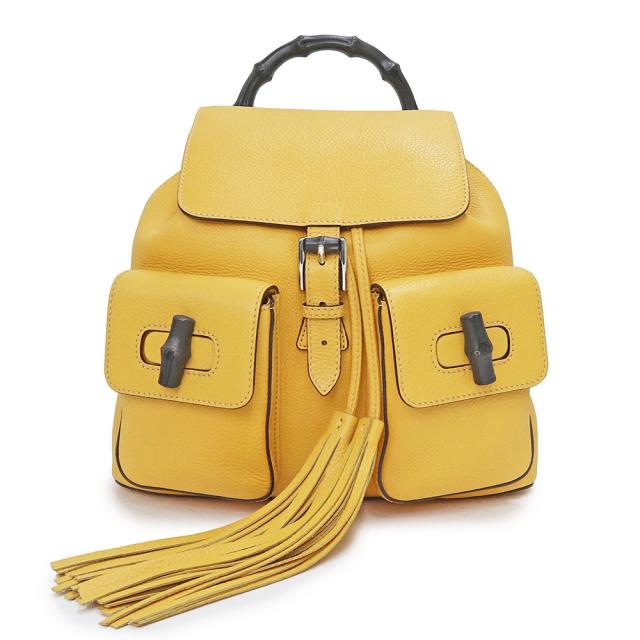 （美品）グッチ GUCCI バンブー フリンジ タッセル リュック デイパック バックパック カーフスキン レザー イエロー シルバー金具 370833