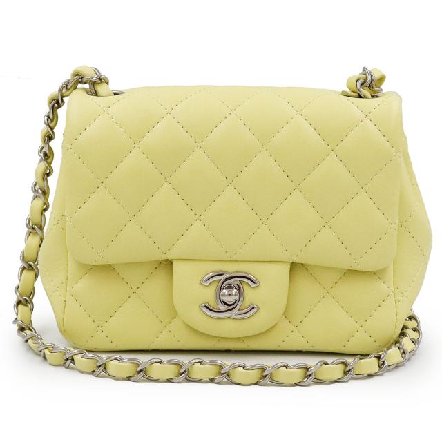 （美品）シャネル CHANEL クラシック ミニ マトラッセ 17 チェーン ショルダーバッグ 斜め掛け ラムスキン レザー イエロー シルバー金具 A35200