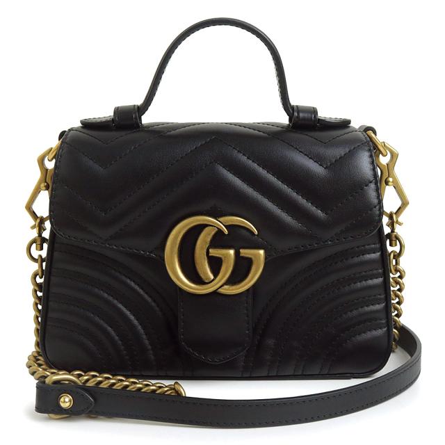 （未使用　展示品）グッチ GUCCI GGマーモント ミニ トップハンドル 2WAY チェーン ショルダー ハンドバッグ 斜め掛け キルティングレザー ブラック アンティークゴールド金具 547260