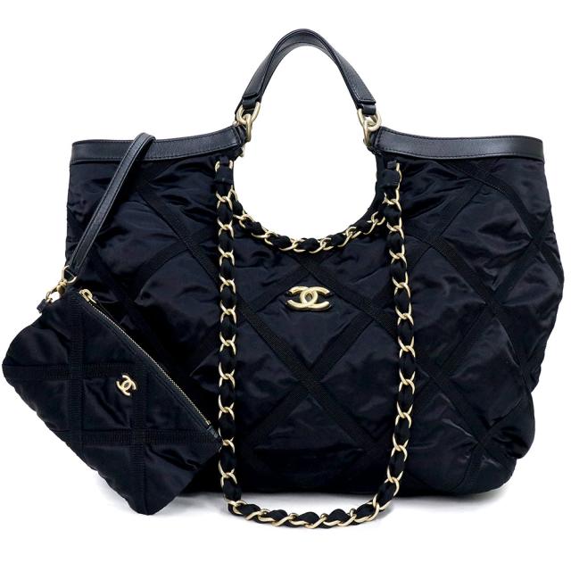 （美品）シャネル CHANEL ラージ ショッピングバッグ トート ショルダー ハンドバッグ 2way サテン レザー ブラック ゴールド金具 AS2993
