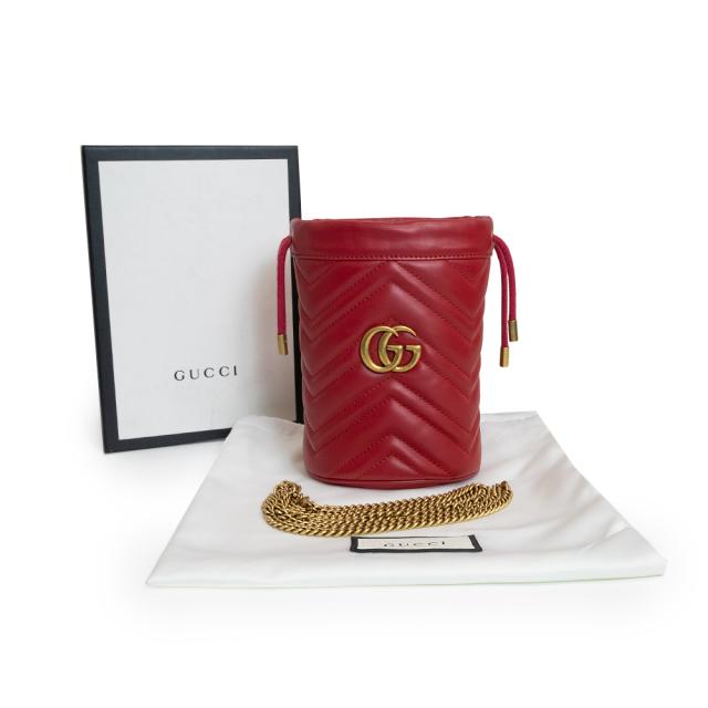 （新品・未使用品）グッチ GUCCI GGマーモント スモール バケットバッグ ショルダーバッグ 斜め掛け シェブロンキルティングレザー ハイビスカスレッド アンティークゴールド金具 575163 箱付_1