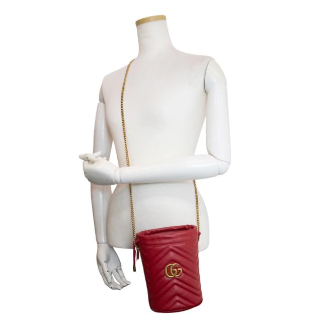 （新品・未使用品）グッチ GUCCI GGマーモント スモール バケットバッグ ショルダーバッグ 斜め掛け シェブロンキルティングレザー ハイビスカスレッド アンティークゴールド金具 575163 箱付_7