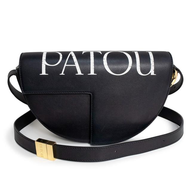 （中古）パトゥ PATOU ロゴプリント ショルダーバッグ 斜め掛け カーフスキン レザー ブラック ゴールド金具 BA0225000900B