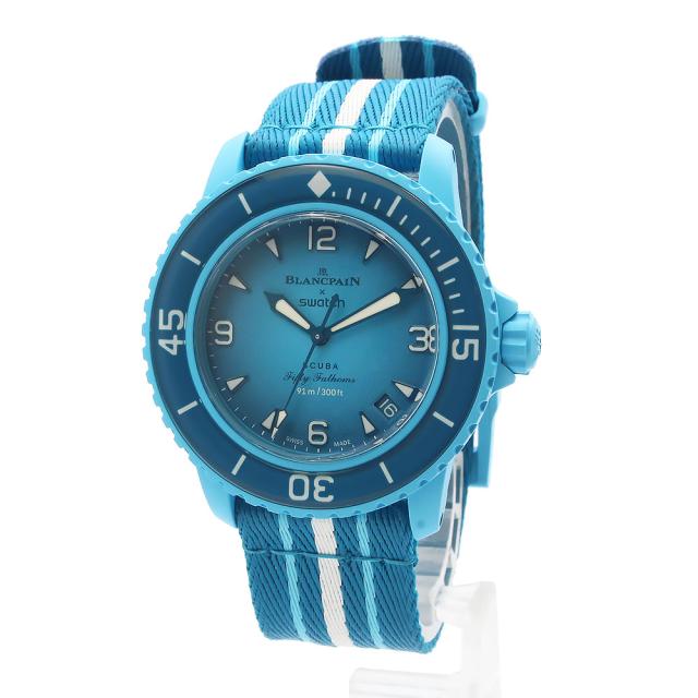 （未使用　展示品）ブランパン Blancpain スウォッチ Swatch スクーバ フィフティファゾムス ブルーラグーン FIFTY FATHOMS BLUE LAGOON 自動巻き 腕時計 ナイロン バイオセラミック ターコイズブルー SO35L400 箱付
