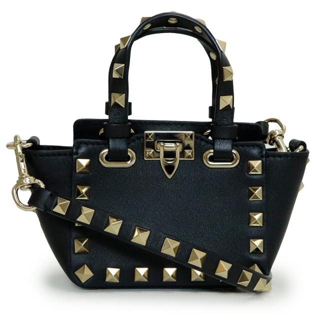（未使用　展示品）ヴァレンティノ VALENTINO ロックスタッズ ミニトート  2WAY ショルダー ハンドバッグ カーフスキン レザー ブラック ゴールド金具 2W2P0Y28