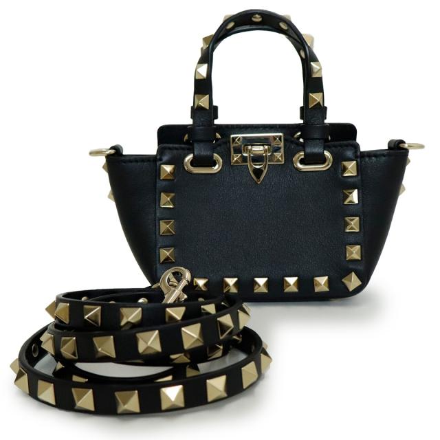 （未使用　展示品）ヴァレンティノ VALENTINO ロックスタッズ ミニトート 2WAY ショルダー ハンドバッグ カーフスキン レザー ブラック ゴールド金具 2W2P0Y28_1
