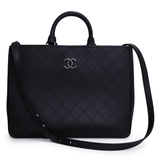 （未使用　展示品）シャネル CHANEL ココマーク マトラッセ ショッピング トート 2way ショルダー ハンドバッグ 斜め掛け カーフスキン レザー ブラック アンティークシルバー金具
