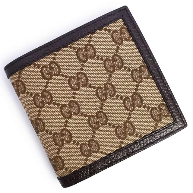 （美品）グッチ GUCCI 二つ折り財布 GGキャンバス レザー ベージュ ダークブラウン 150413