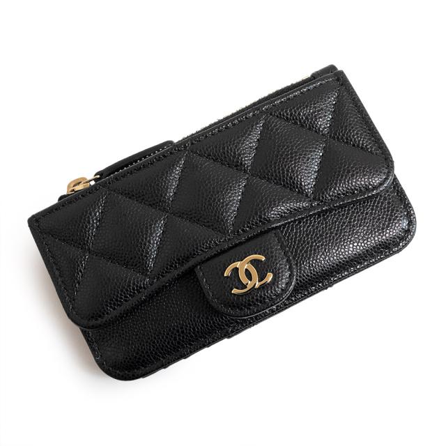 （未使用保管品）シャネル CHANEL マトラッセ クラシック ジップ ケース 小銭入れ 財布 カードケース 名刺入れ 定期入れ パスケース キャビアスキン レザー ブラック ゴールド金具 AP2570