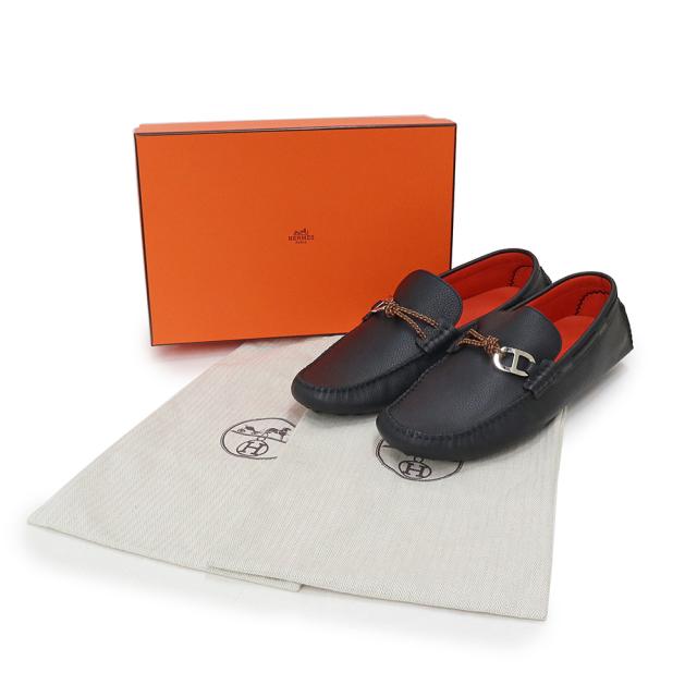 （新品・未使用品）エルメス HERMES モカシン アレッサンドロ ローファー デッキシューズ 靴 #43.5 28.5cm トリヨンレザー ブラック シルバー金具 箱付