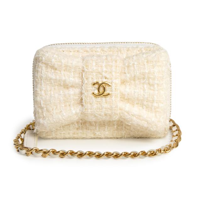 （未使用　展示品）シャネル CHANEL リボン ミニ ショルダー チェーンウォレット 斜め掛け 財布 ツイード ホワイト ゴールド金具