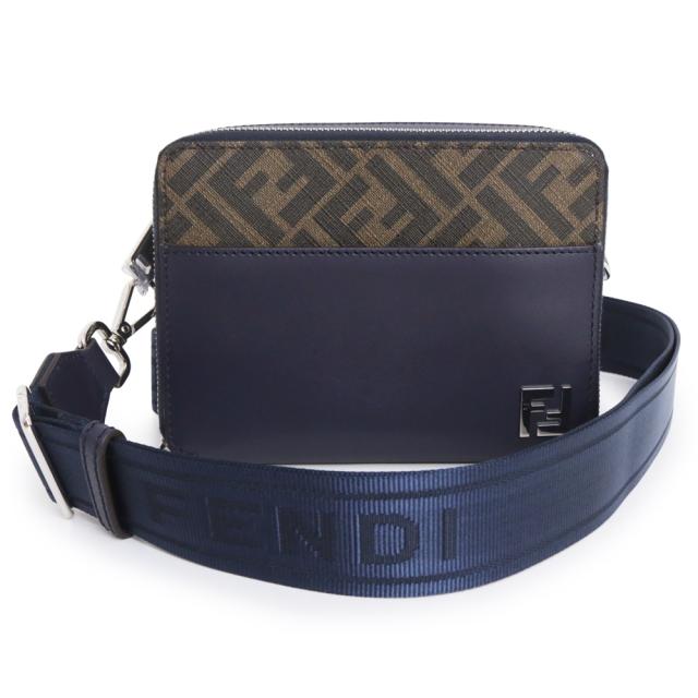 （未使用　展示品）フェンディ FENDI スクエアFF カメラケース オーガナイザー ショルダーバッグ 斜め掛け カーフスキン レザー PVCコーティングキャンバス ミッドナイト タバコ マローネ ネイビー ブラウン シルバー金具 7M0357