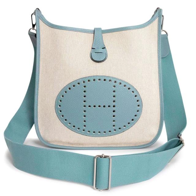 （未使用保管品）エルメス HERMES エブリン 3 トロワ PM 29 ショルダーバッグ 斜め掛け トワルアッシュ キャンバス トリヨンクレマンス レザー CIEL シエル ライトブルー アイボリー シルバー金具 □M刻印