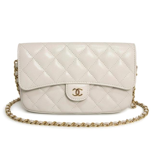 （新品・未使用品）シャネル CHANEL タイムレス クラシック マトラッセ フラップ フォン ケース  チェーンウォレット 斜め掛け 財布 キャビアスキン レザー ライトグレー シャンパンゴールド金具 AP2096 箱付