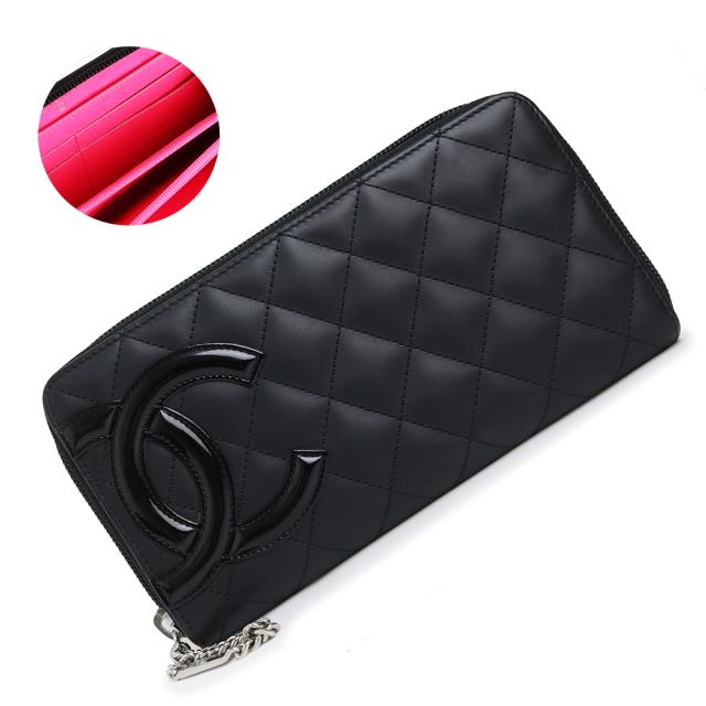 （未使用　展示品）シャネル CHANEL カンボンライン ラウンドファスナー 長財布 カーフスキン レザー ブラック ピンク シルバー金具 A50078