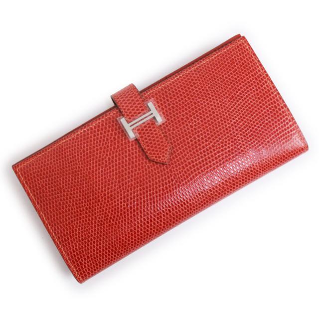 （未使用保管品）エルメス HERMES ベアン スフレ 二つ折り長財布 リザード エキゾチックレザー ヴァーミリオン レッド シルバー金具 □Q刻印 箱付