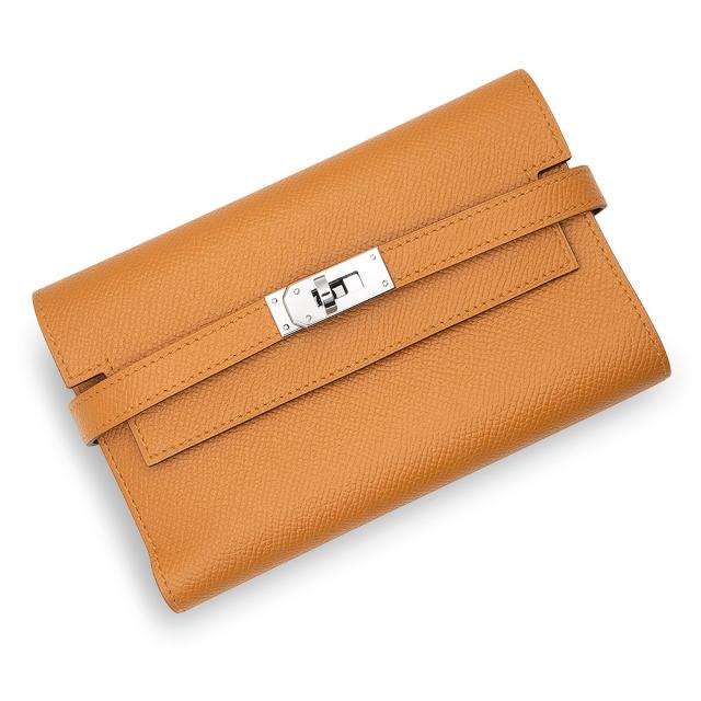 （未使用　展示品）エルメス HERMES ケリーウォレット デプリアン ミディアム 三つ折り財布 ヴォーエプソン レザー キャラメル ブラウン シルバー金具 X刻印 箱付