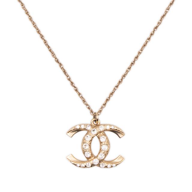 （美品）シャネル CHANEL ココマーク ストラスラインストーン ペンダント 二段階調節 ネックレス アンティークゴールド A99269