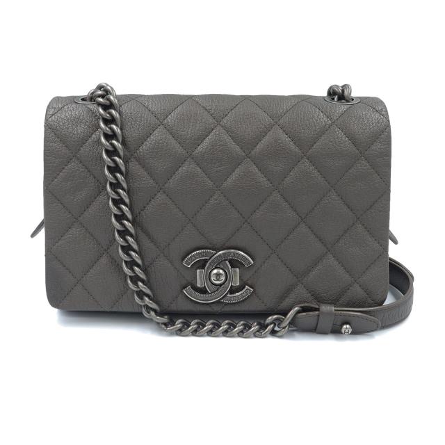 （美品）シャネル CHANEL ココマーク マトラッセ フラップ ボーイシャネル チェーン ショルダーバッグ カーフスキン レザー グレー アンティークシルバー金具 A93017
