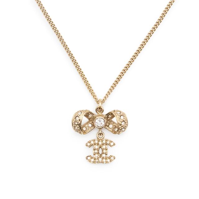 （美品）シャネル CHANEL ココマーク リボン ラインストーン ネックレス ペンダント ゴールド A42647