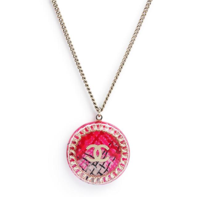 （中古）シャネル CHANEL ココマーク ツイード チェーン ラウンド ペンダント ネックレス レジン ピンク ゴールド A62830