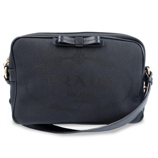 （美品）プラダ PRADA ロゴ ジャガード  ショルダーバッグ 斜め掛け キャンバス カーフスキン レザー NERO ネロ ブラック ゴールド金具 1BH089