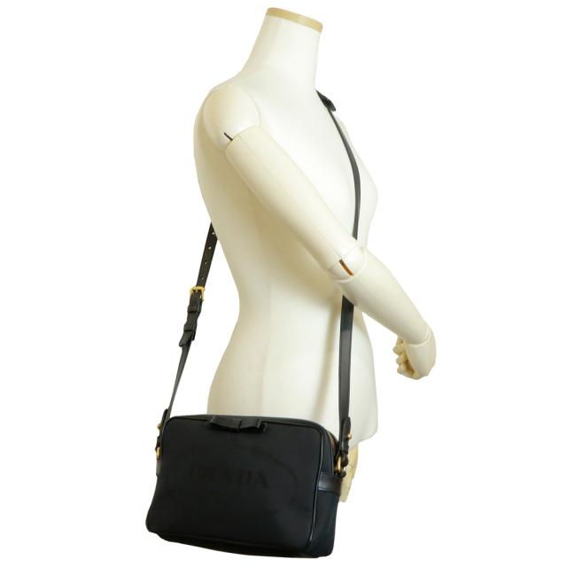 （美品）プラダ PRADA ロゴ ジャガード ショルダーバッグ 斜め掛け キャンバス カーフスキン レザー NERO ネロ ブラック ゴールド金具 1BH089_8
