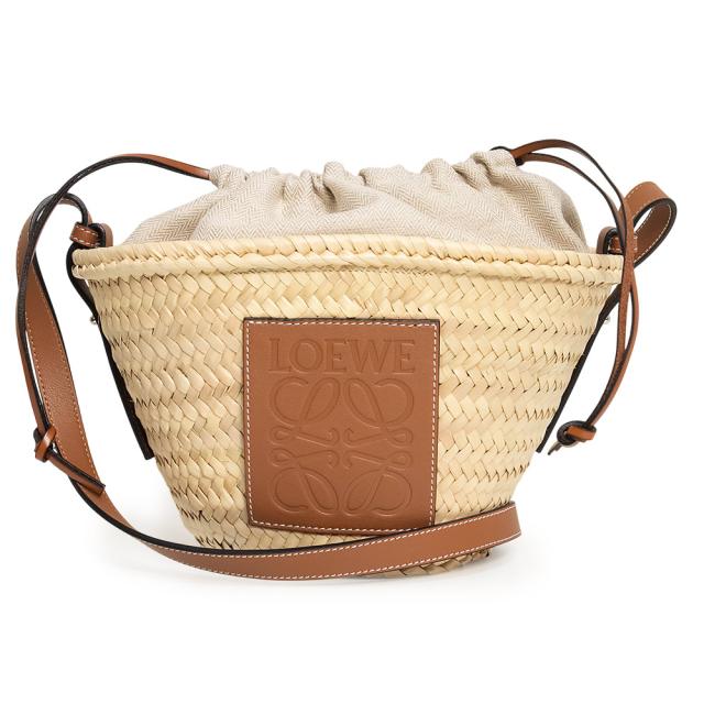 （新品・未使用品）ロエベ LOEWE ドローストリング バケット ショルダーバッグ 斜め掛け パームリーフ カーフスキン レザー ナチュラル ライトベージュ タン ブラウン シルバー金具 A223222X01