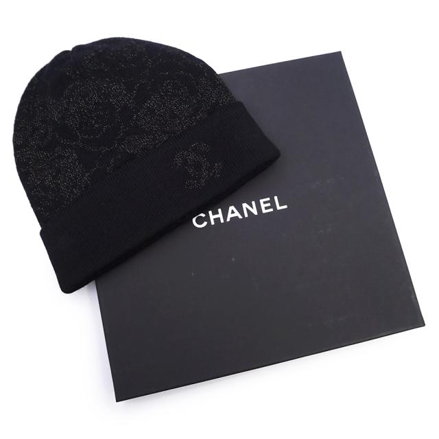 （未使用保管品）シャネル CHANEL カメリア ココマーク ビーニー ニットキャップ 帽子 ウール カシミヤ ブラック ゴールド AAB114_1