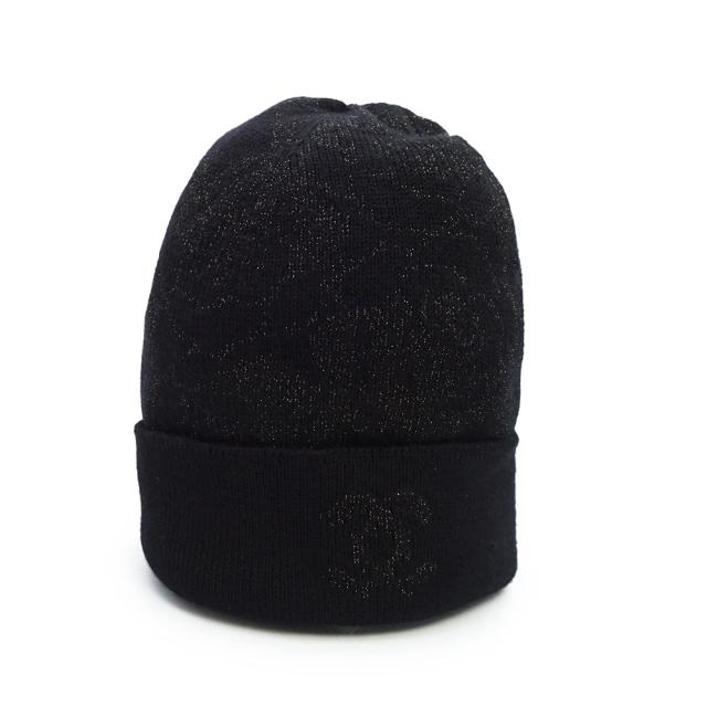 （未使用保管品）シャネル CHANEL カメリア ココマーク ビーニー ニットキャップ 帽子 ウール カシミヤ ブラック ゴールド AAB114_3