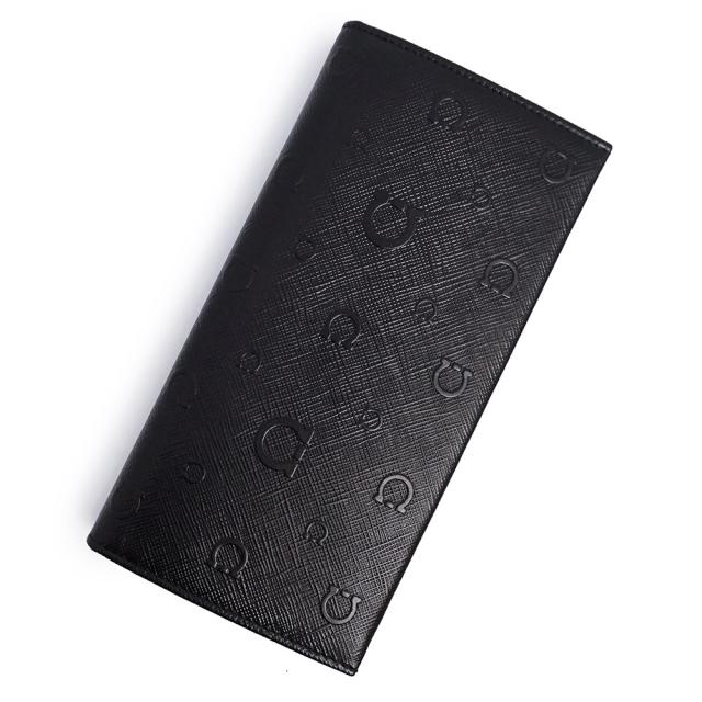 （未使用　展示品）サルヴァトーレフェラガモ Salvatore Ferragamo ガンチーニ モノグラム 二つ折り長財布 カーフスキン レザー ネロ ブラック ガンメタル金具 669303 箱付