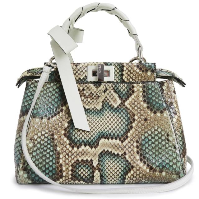 （未使用　展示品）フェンディ FENDI ピーカブー ミニ アイコニック セレリア リボン 2Way 斜め掛け ショルダー ハンドバッグ パイソン エキゾチック ナッパレザー ヴェルデプラート オパール シルバー金具 8BN244