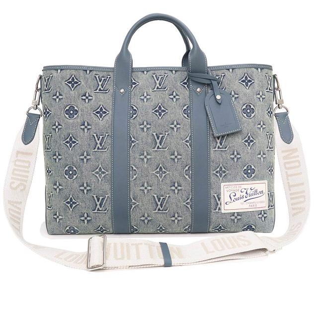 （未使用　展示品）ルイ ヴィトン LOUIS VUITTON  ウィークエンド トートNM トートバッグ ショルダーバッグ 2way モノグラムウォッシュ デニム レザー ブルー シルバー金具 M22537