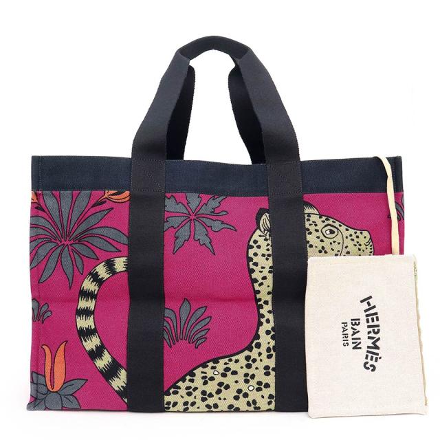 （未使用　展示品）エルメス HERMES カバス ド プラージュ ビーチ トートバッグ トワルアッシュ キャンバス コットン100％ レオパード マルチカラー ネイビー フューシャ ピンク シルバー金具