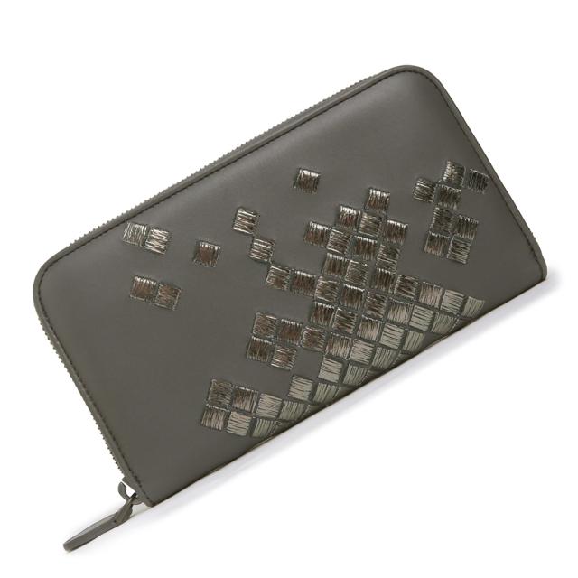 （未使用　展示品）ボッテガヴェネタ BOTTEGA VENETA イントレチャート ラウンドファスナー ジップ 長財布 ラムスキン レザー グレー ガンメタル金具 114076 箱付